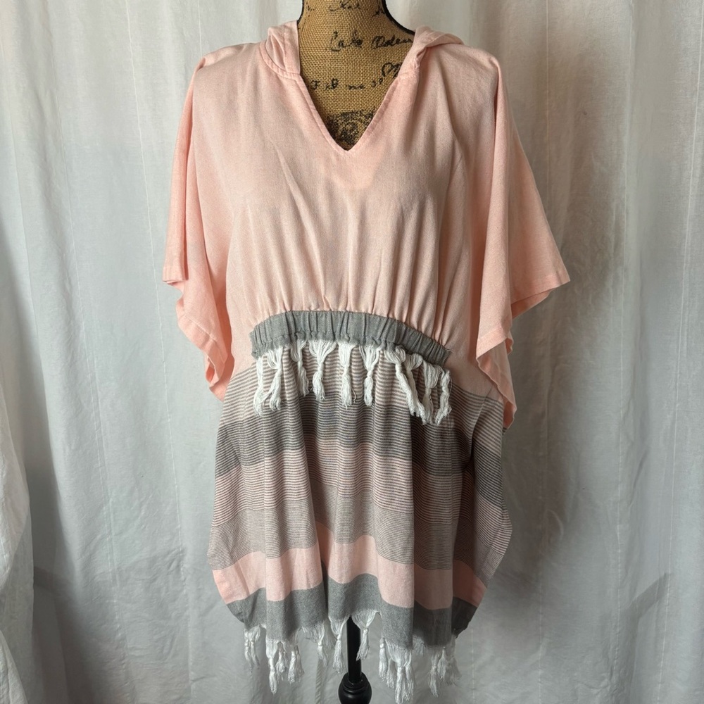 Fully Towels Made In Turkey Poncho Beach Cover Up Peach Gray Tassel Time OSFM